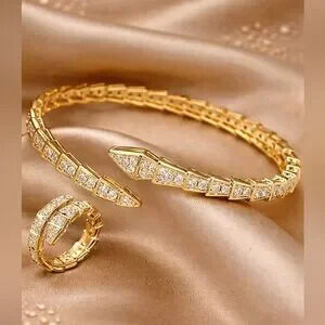 Serpenti Gold Zircon Snake Bangle Bracelet Ring Set
